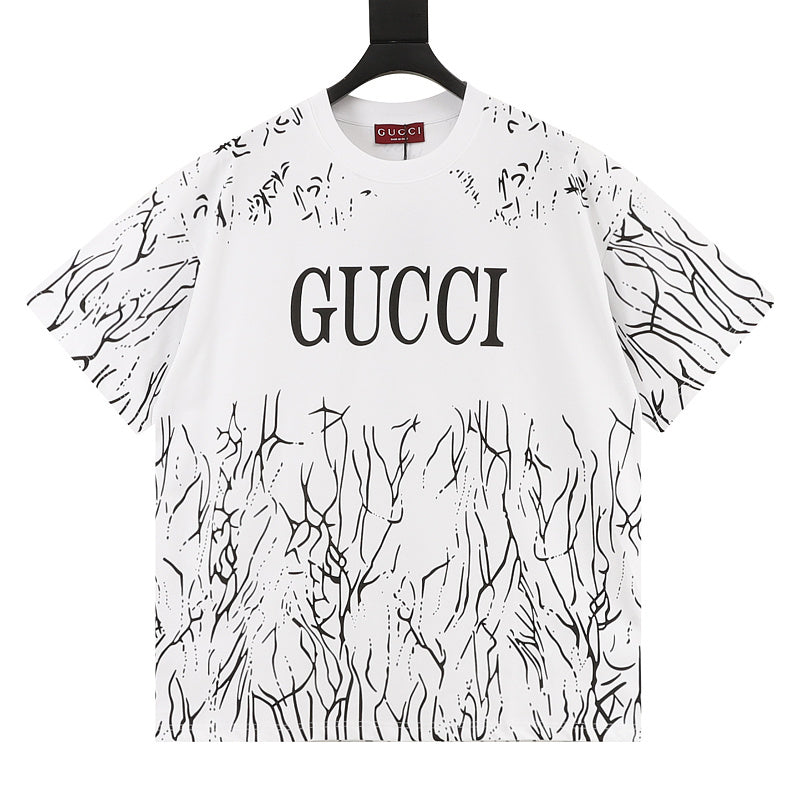 GUCCI 2026 New Arrival: All-Over Digital Print Short-Sleeve T-Shirt featuring Branch-Motif Lettering Logo