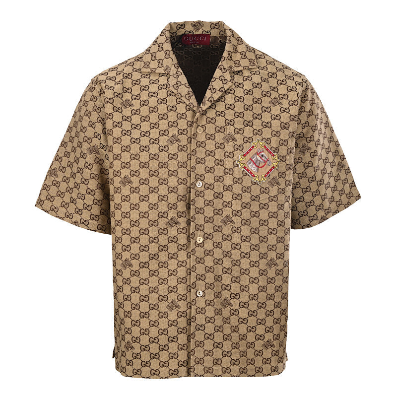 GUCCI Monogram Embroidered "Year of the Horse" Badge Cuban Collar Shirt