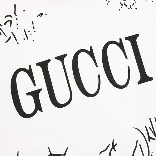 GUCCI 2026 New Arrival: All-Over Digital Print Short-Sleeve T-Shirt featuring Branch-Motif Lettering Logo