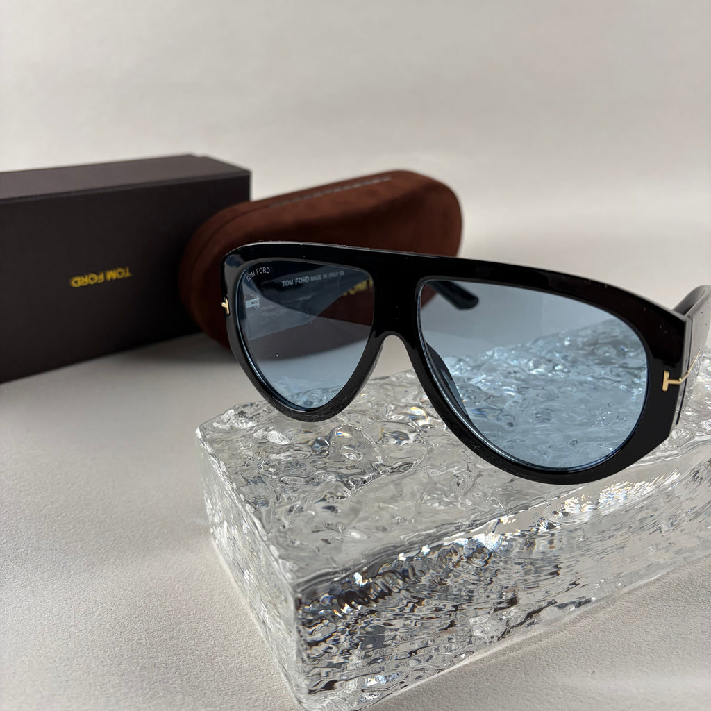Modern Oversized Aviator Sunglasses, Glossy Black Frame & Blue Lens