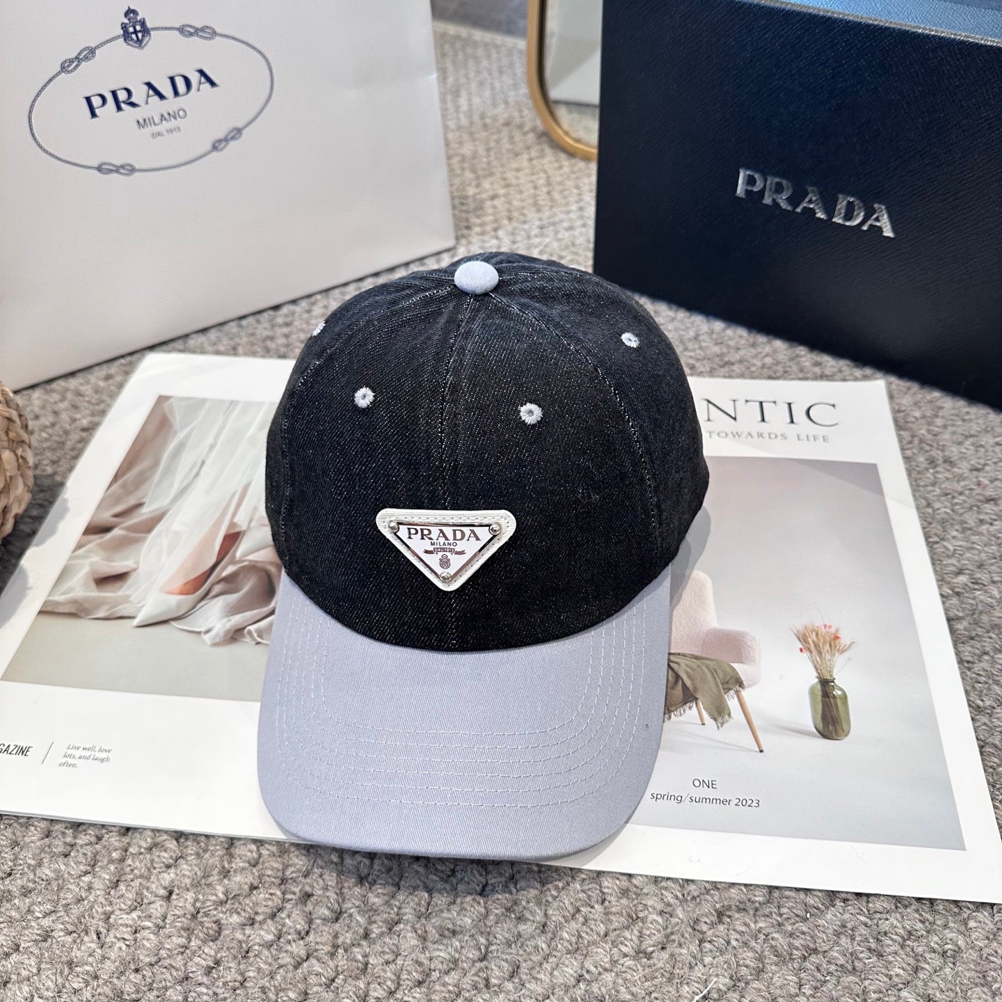 Two-Tone Denim Baseball Cap with Signature Triangle Emblem