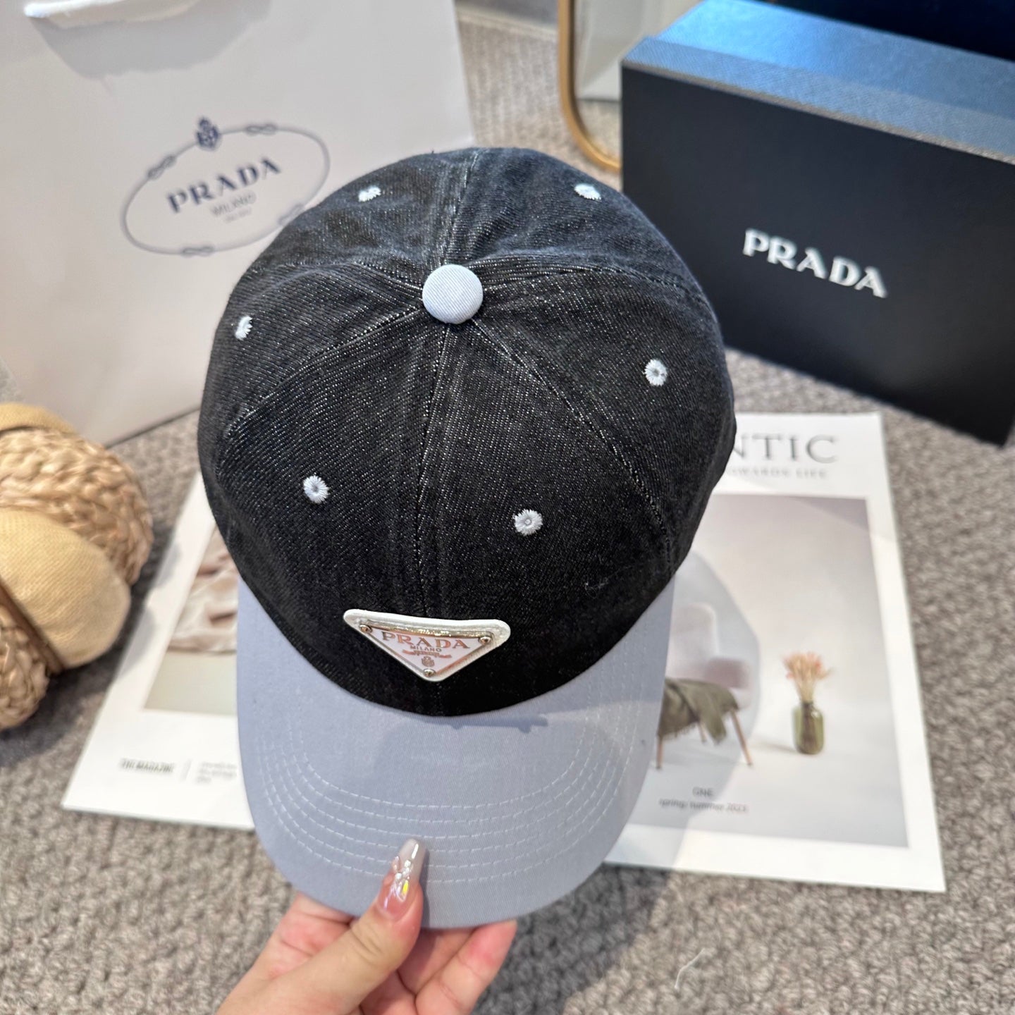 Two-Tone Denim Baseball Cap with Signature Triangle Emblem
