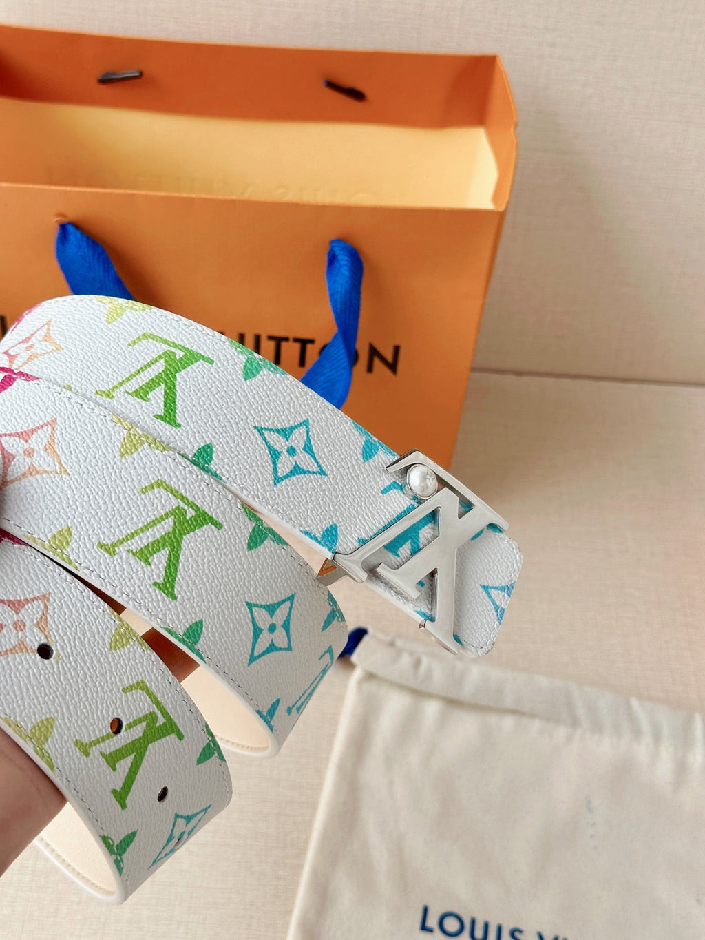 Colorful Monogram Pattern Leather Belt with Silver Buckle