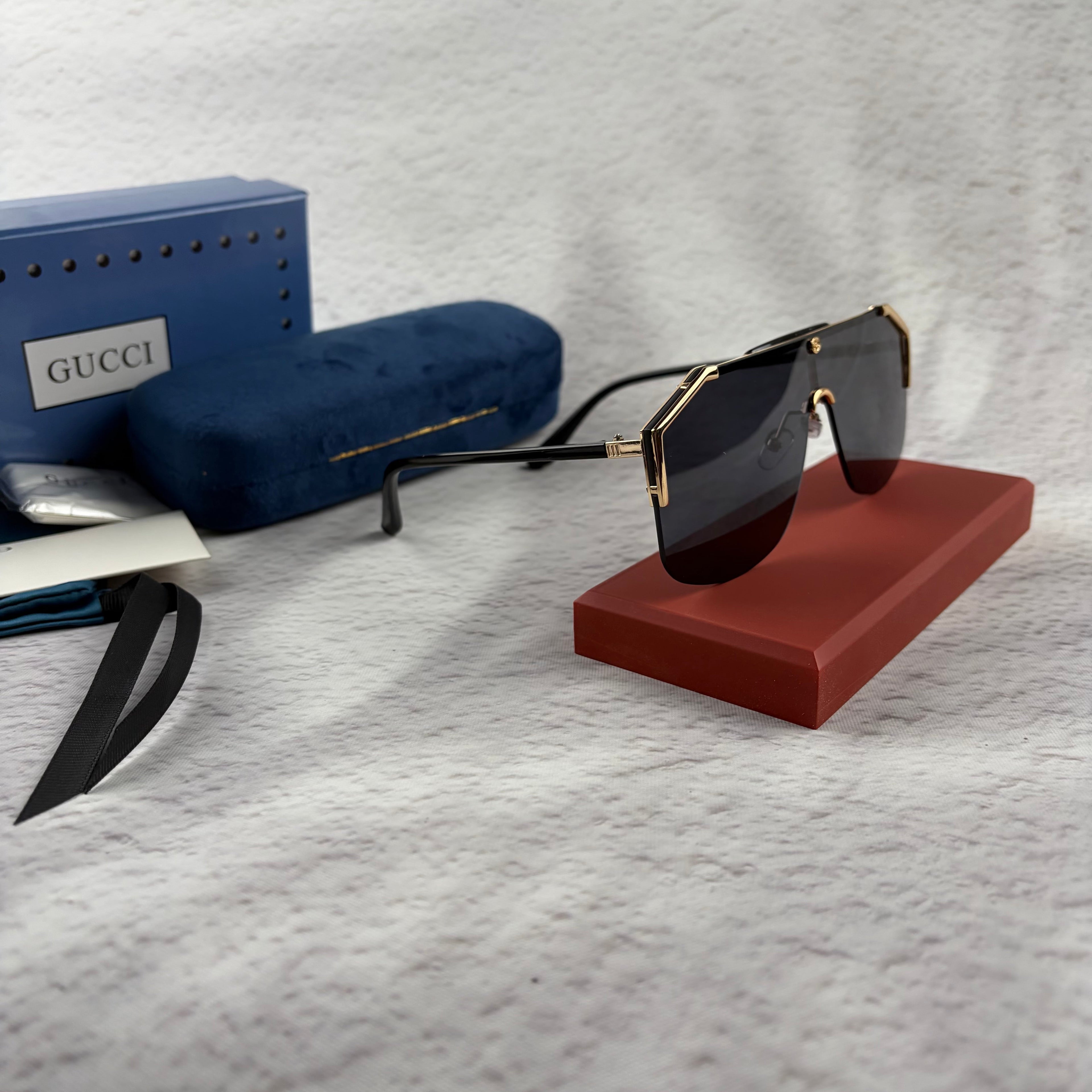 Oversized Shield Sunglasses - Gold Metal Frame & Black Lens