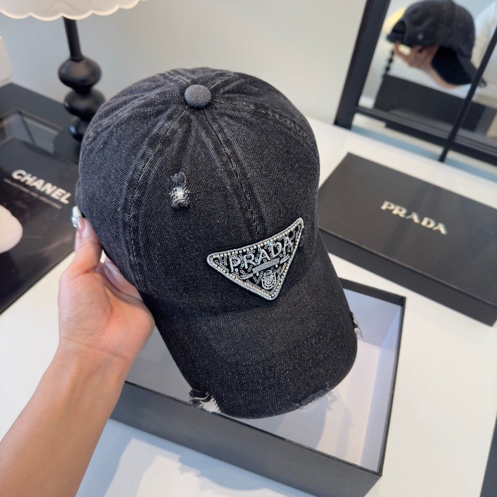 Embellished Denim Baseball Cap - Adjustable Distressed Streetwear