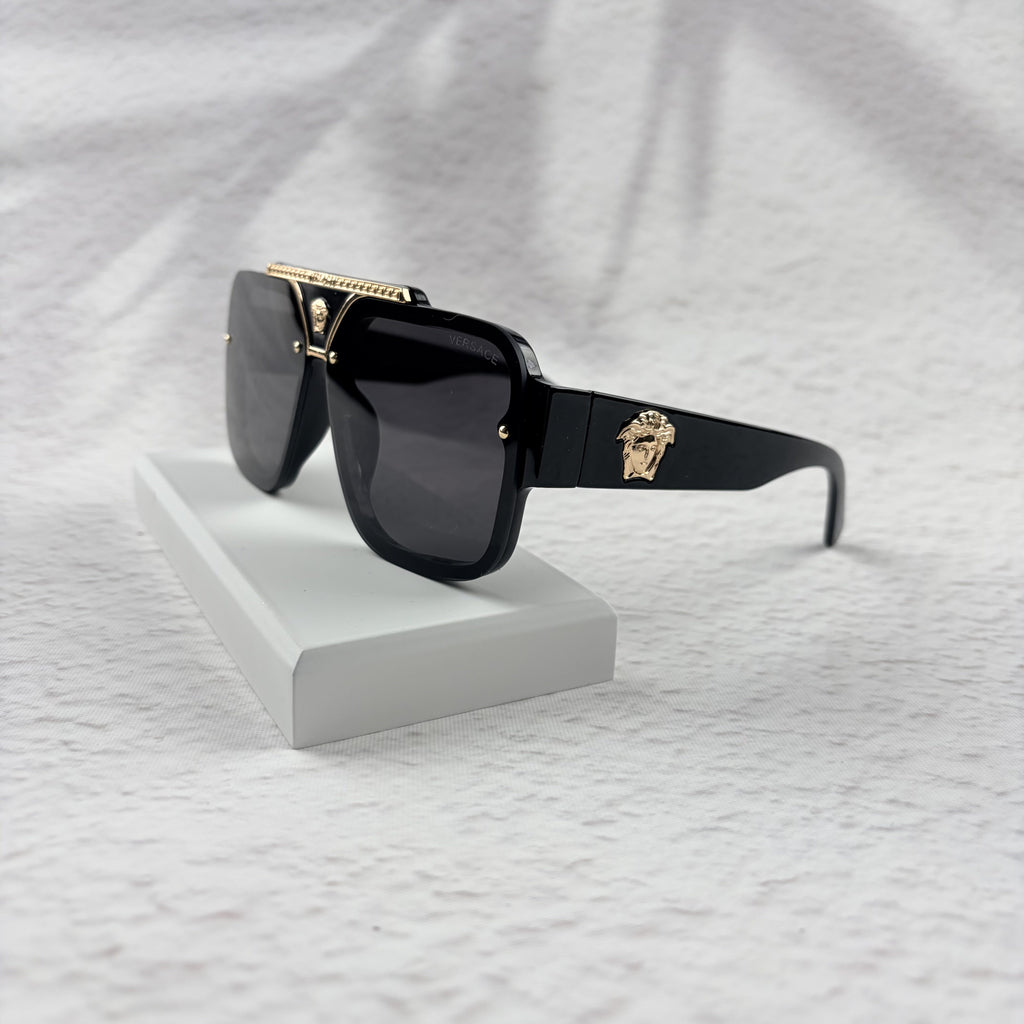 Oversized Flat-Top Sunglasses - Luxury Gold-Accent Shield Shades