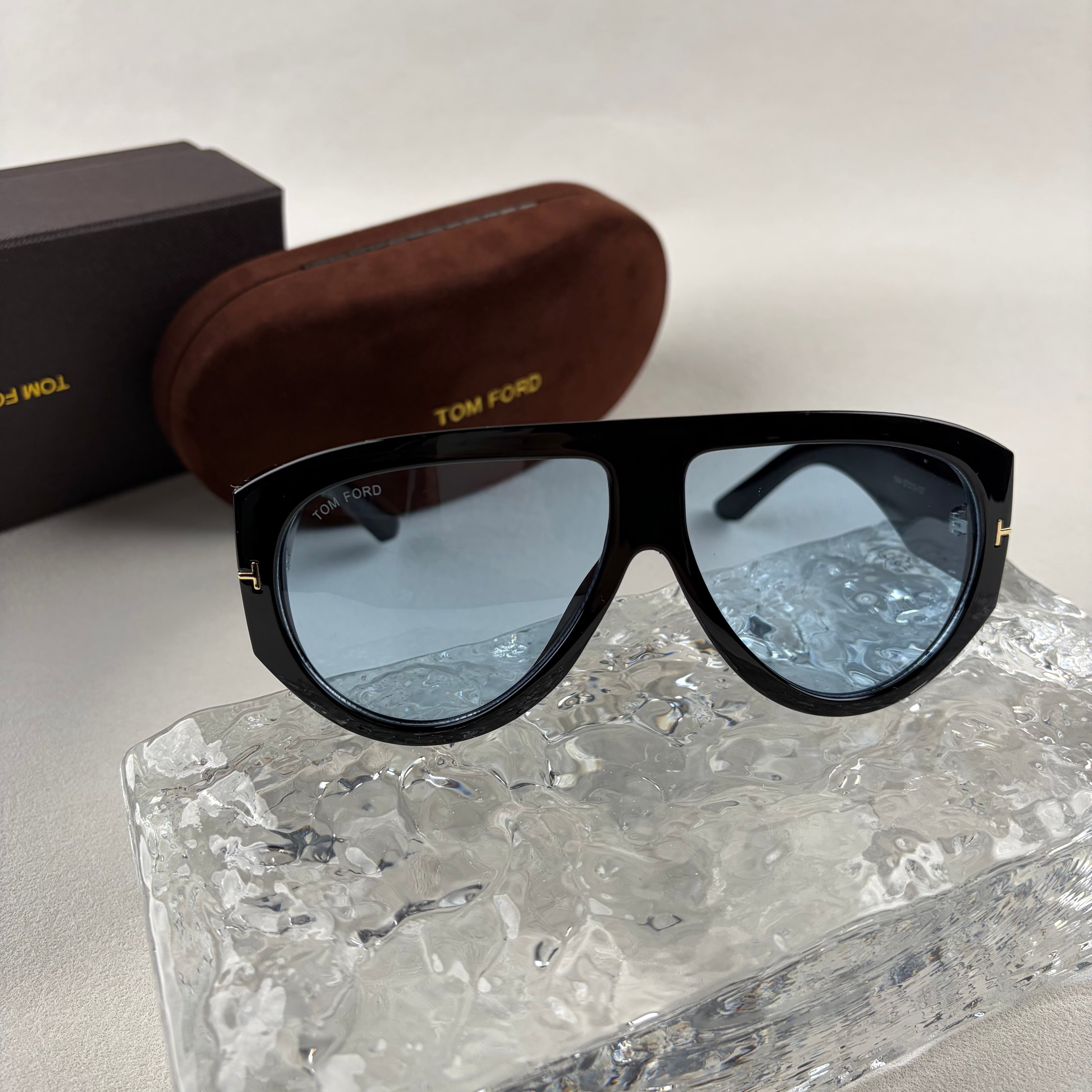 Modern Oversized Aviator Sunglasses, Glossy Black Frame & Blue Lens