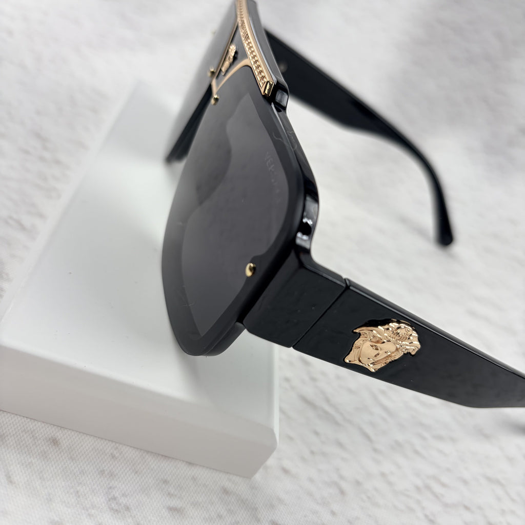 Oversized Flat-Top Sunglasses - Luxury Gold-Accent Shield Shades