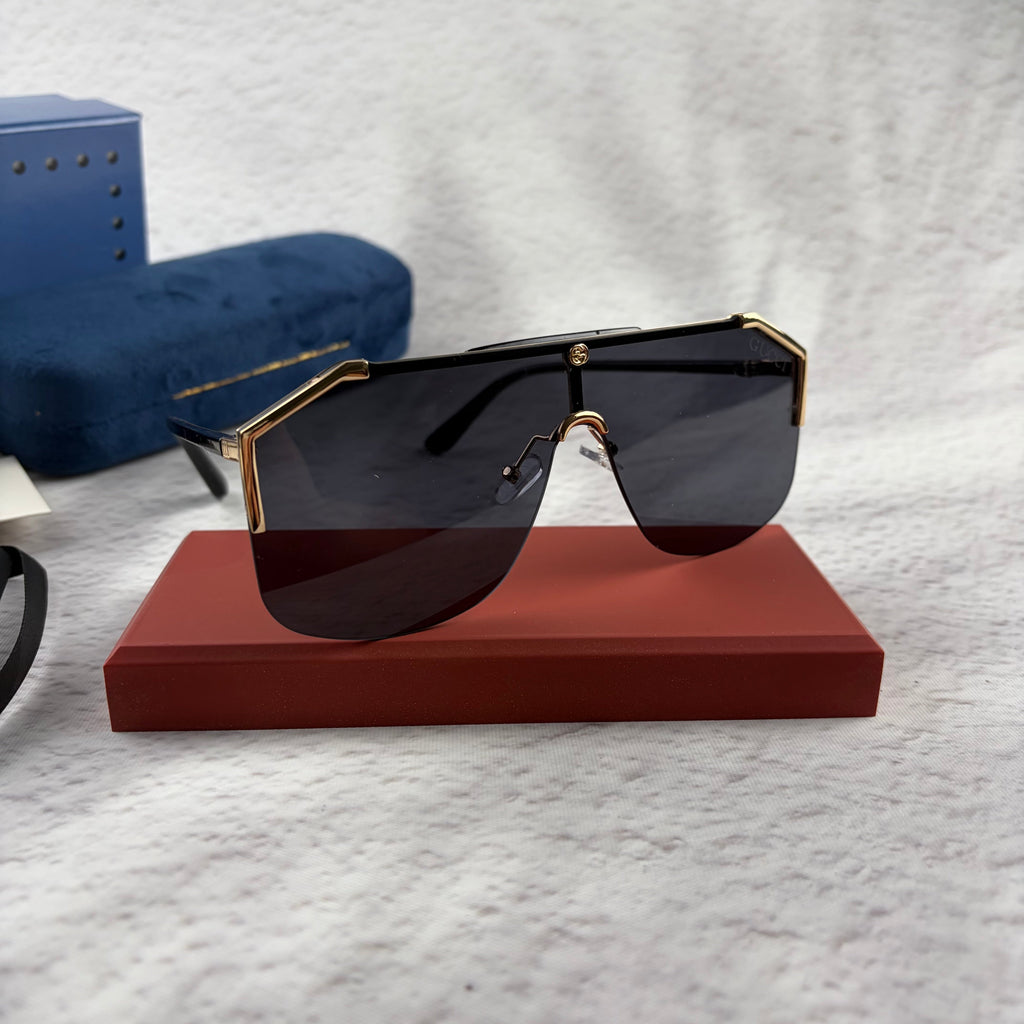 Oversized Shield Sunglasses - Gold Metal Frame & Black Lens