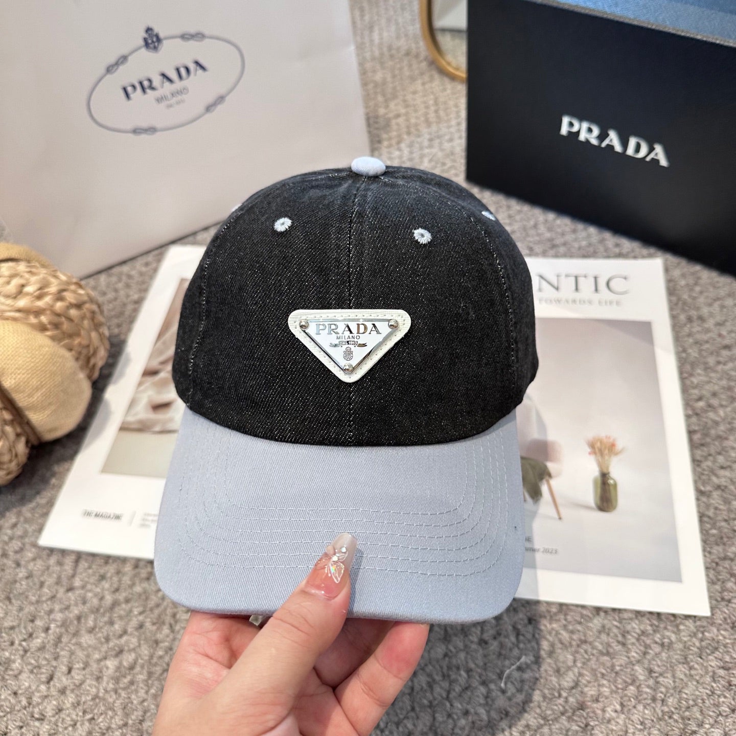 Two-Tone Denim Baseball Cap with Signature Triangle Emblem
