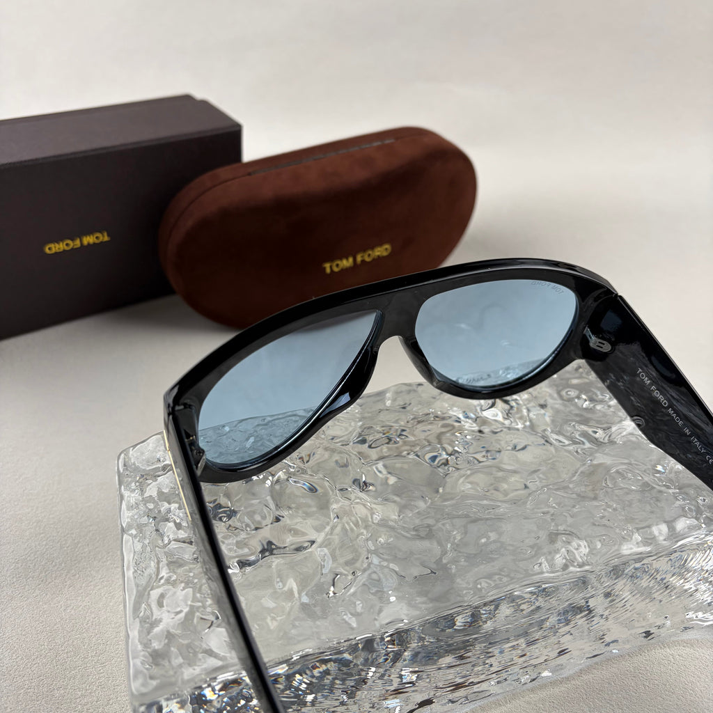 Modern Oversized Aviator Sunglasses, Glossy Black Frame & Blue Lens
