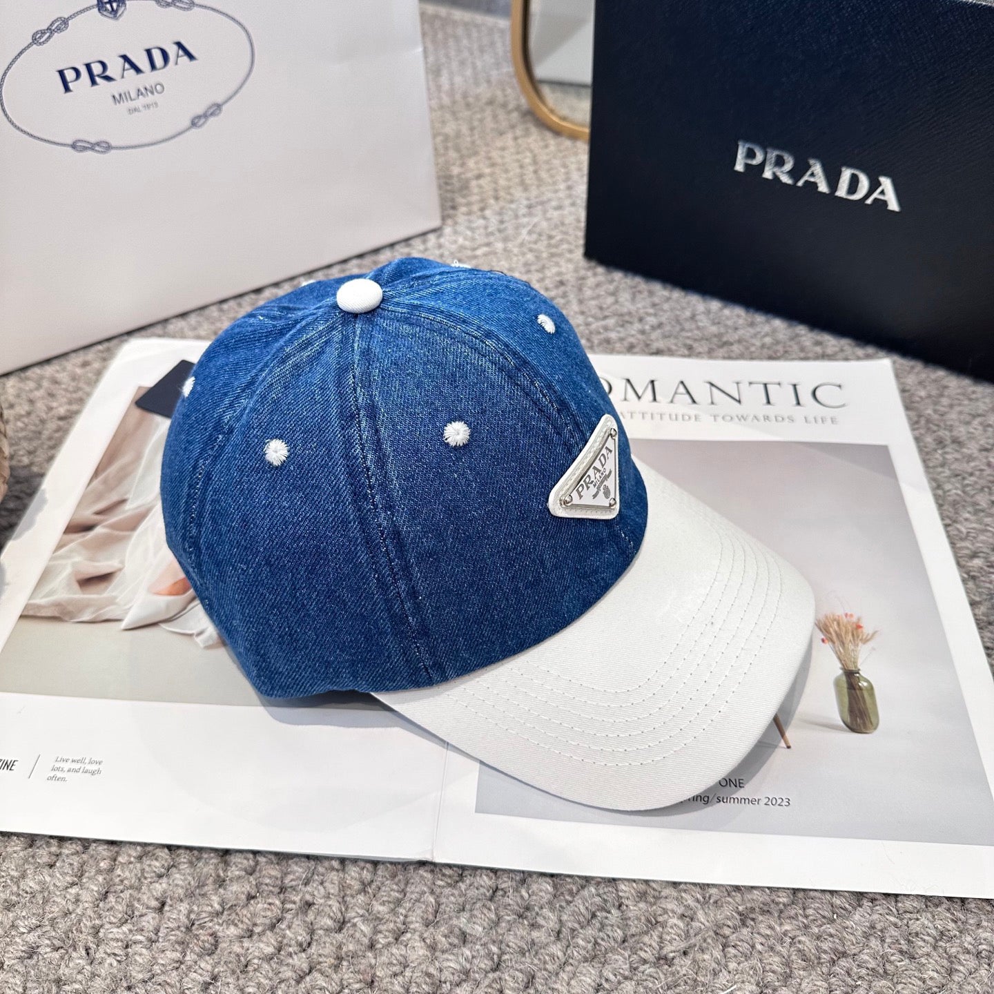 Two-Tone Denim Baseball Cap with Signature Geometric Logo Patch