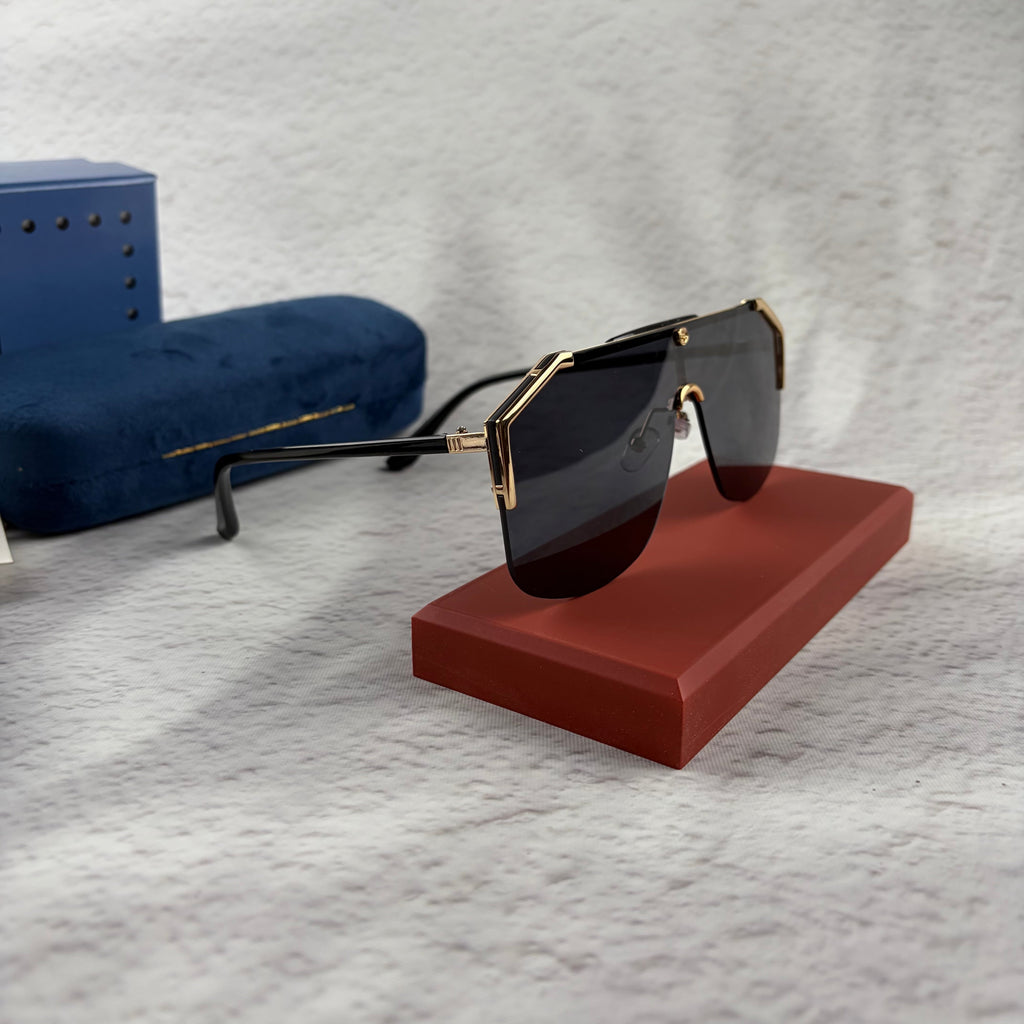 Oversized Shield Sunglasses - Gold Metal Frame & Black Lens