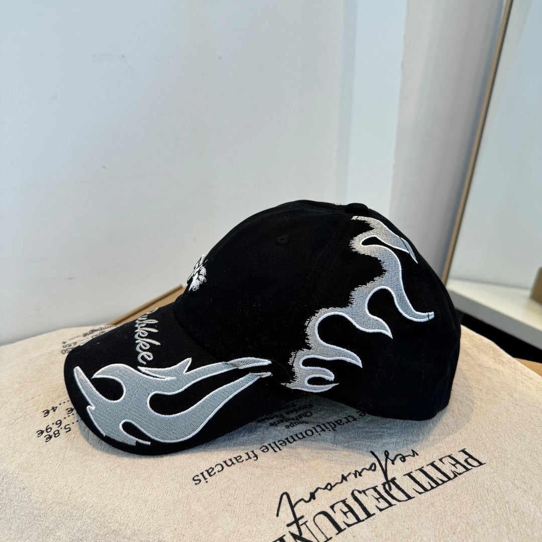 Streetwear Flame Embroidery Baseball Cap - Cotton Unisex Sun Hat