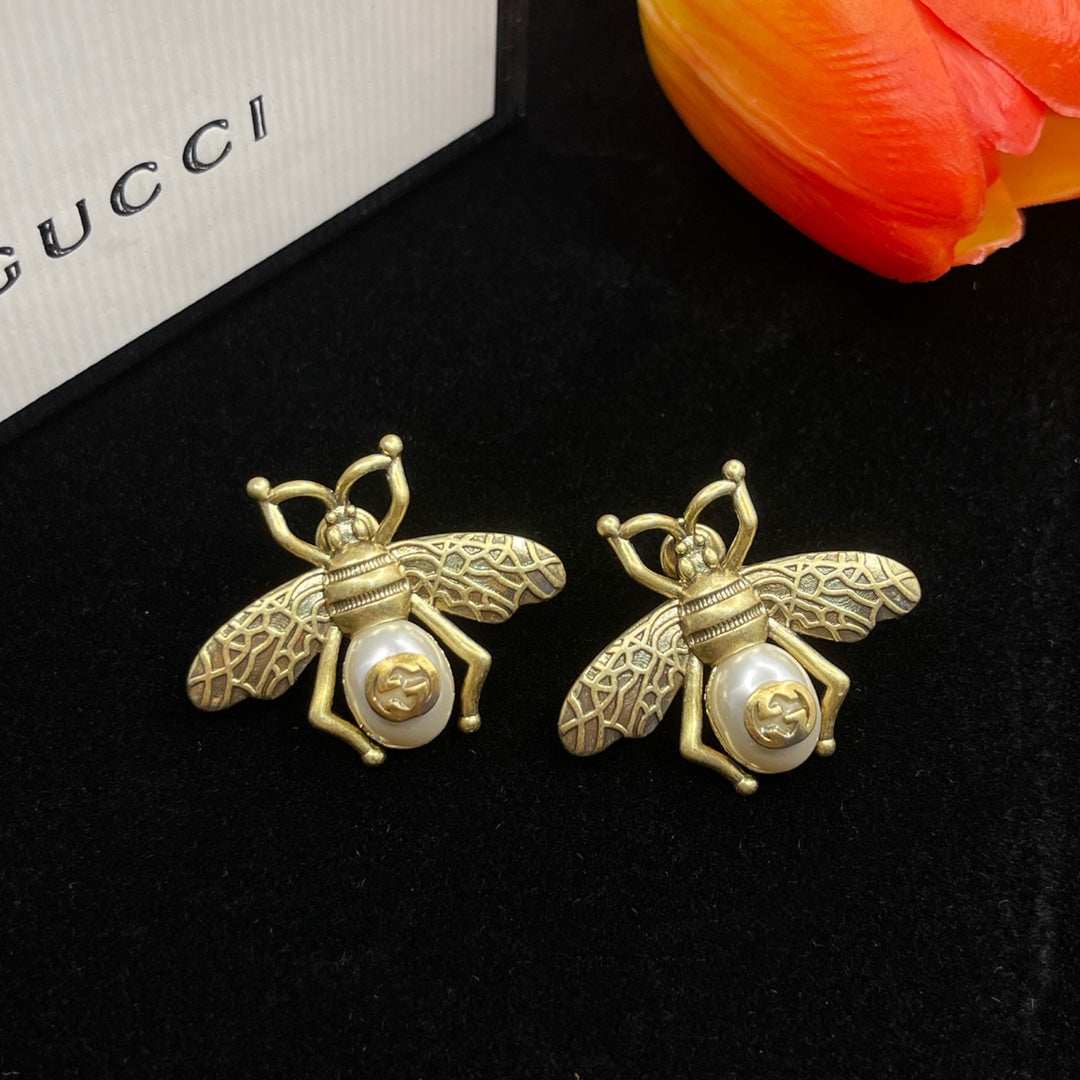 18K Double Gucci Bee Pearl Earrings