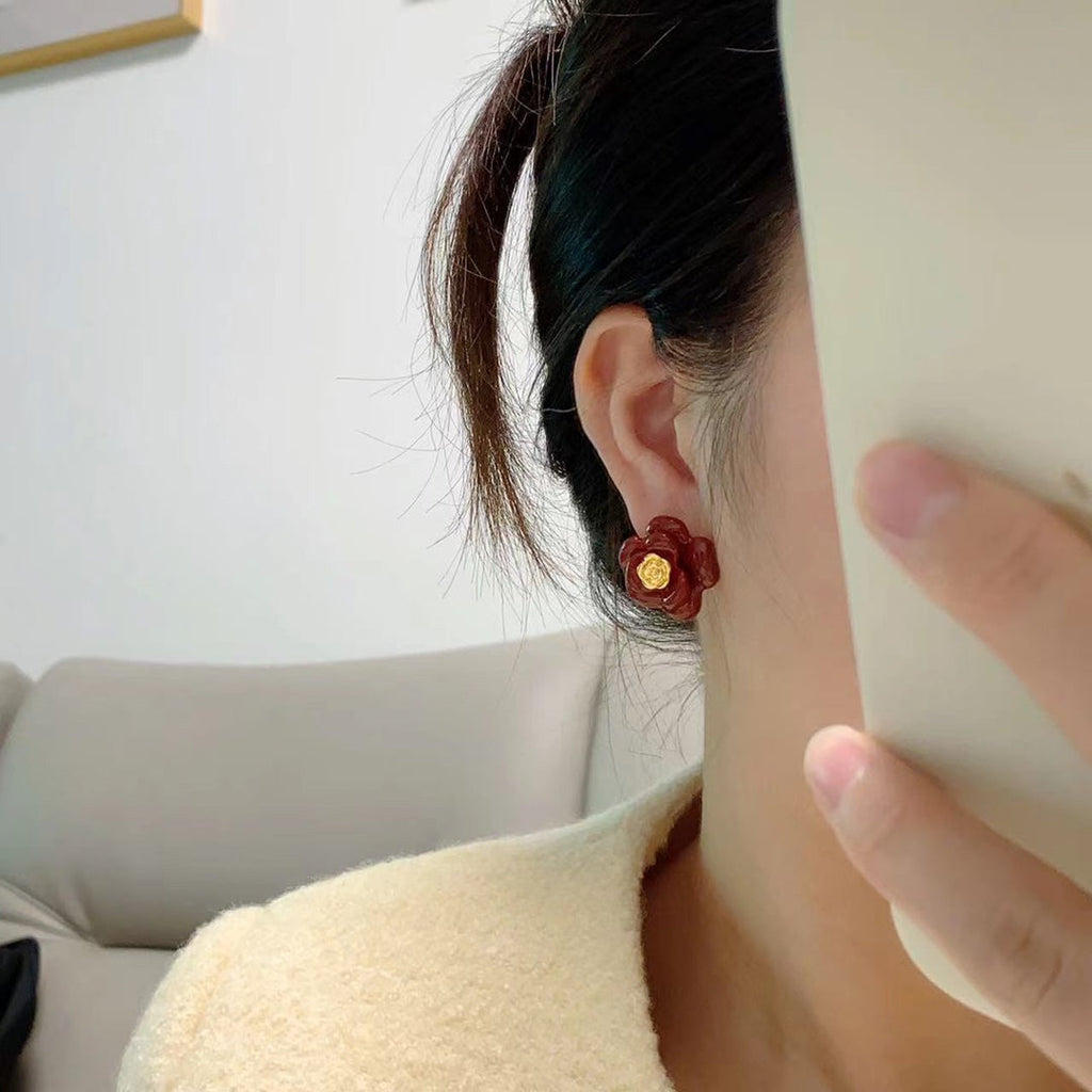 18K  Chanel Red Camellia Resin Earrings