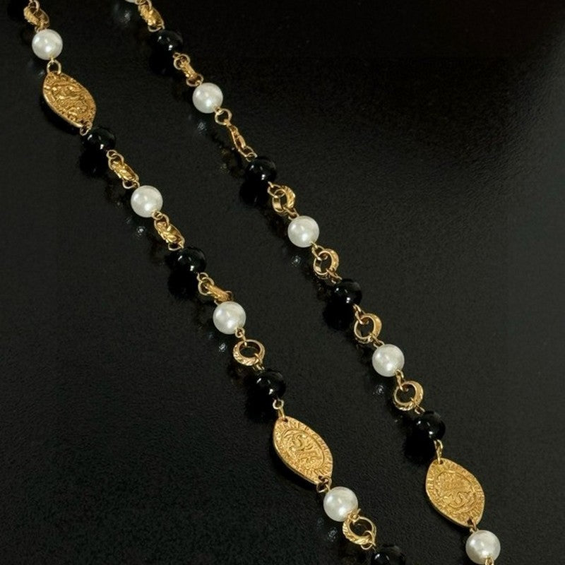 18K  Chanel Long Black & White Pearls Necklace