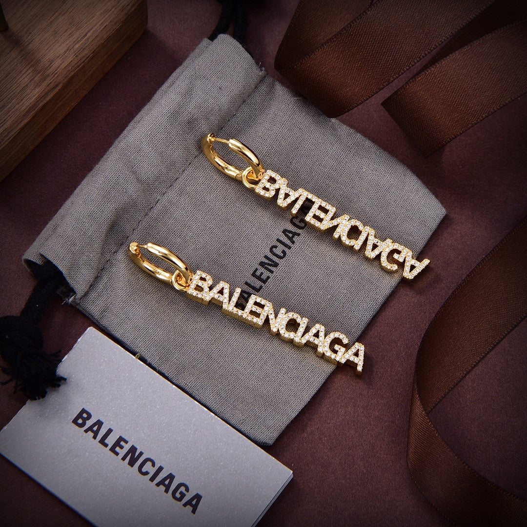 18K Balenciaga Typo Mirror Hoop Crystals Earrings