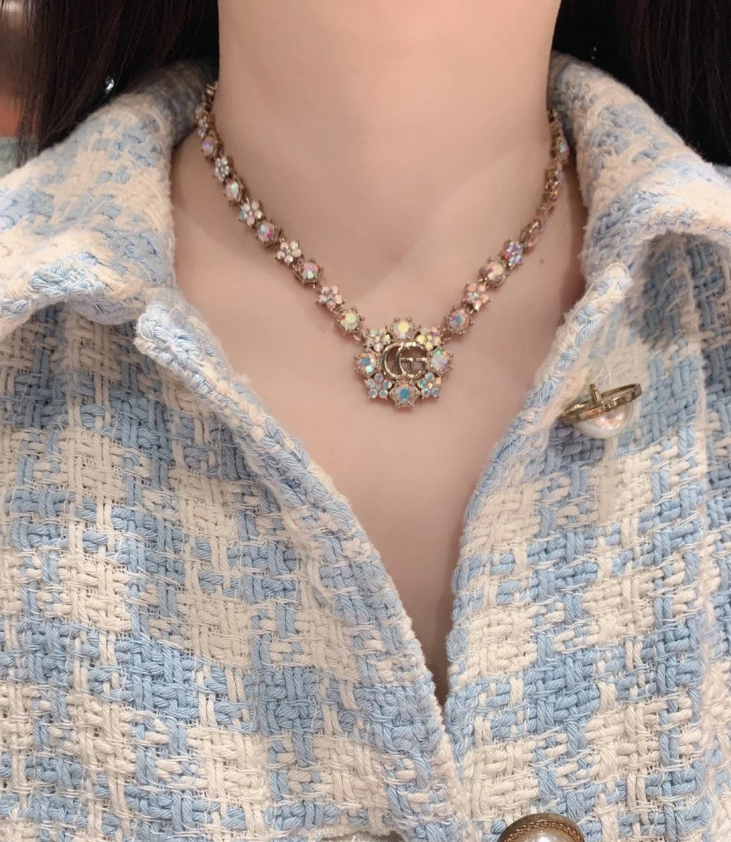 18K Double Gucci Crystals Chain Choker Necklace