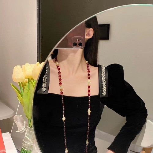 18K  Chanel Long Red & White Pearls Necklace