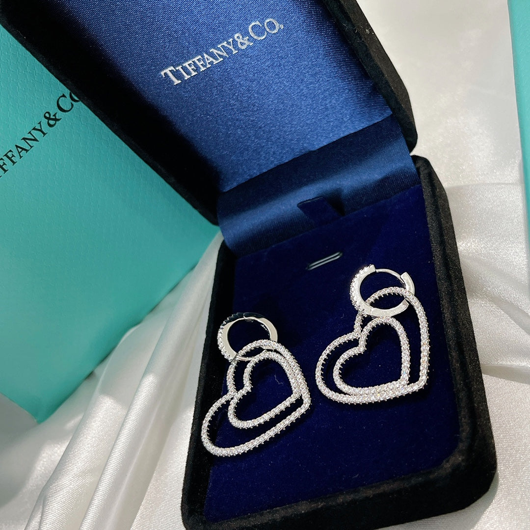 18K Tiffany Double Heart Diamond Earrings
