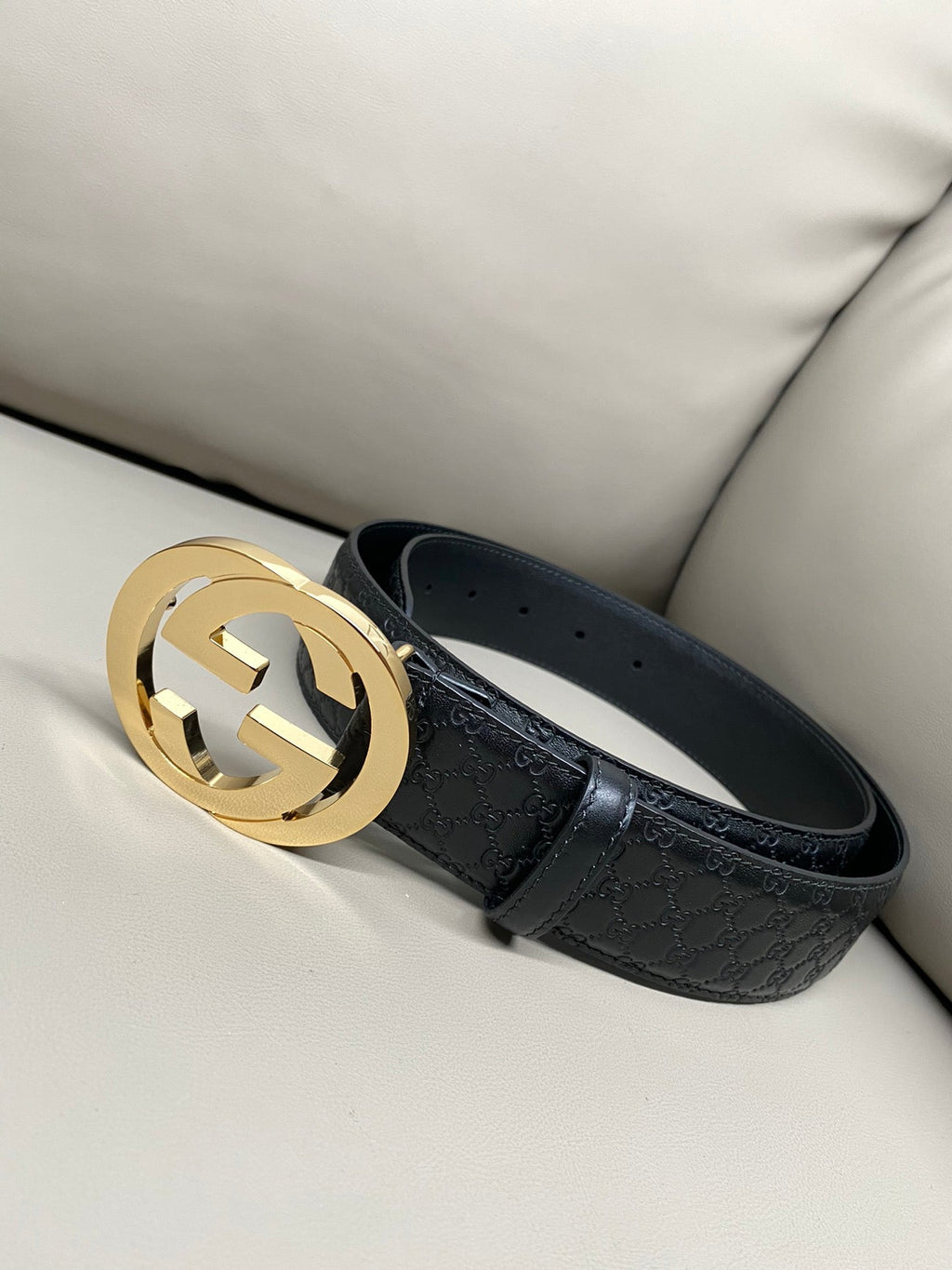 Sleek Black Leather Belt – Gold Statement Buckle & Monogram Embossed Texture | 4cm Width