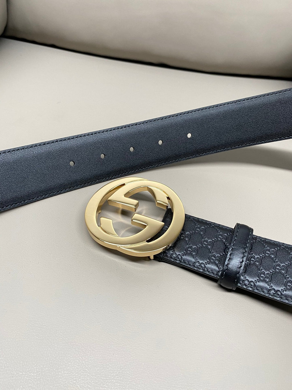 Sleek Black Leather Belt – Gold Statement Buckle & Monogram Embossed Texture | 4cm Width