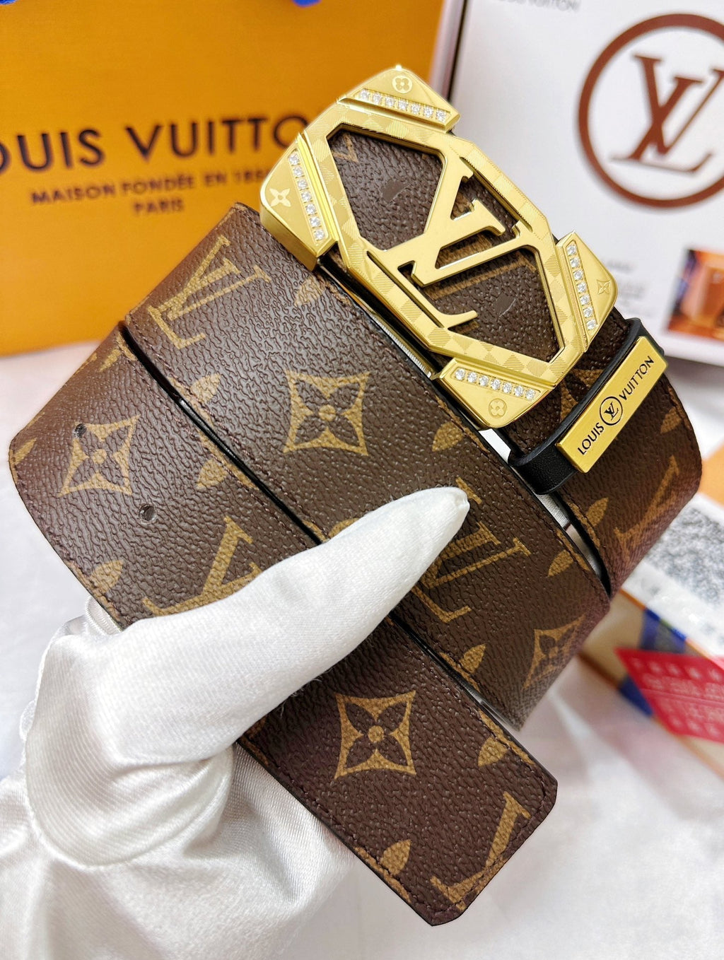Monogram Leather Belt with Gold Geometric Buckle