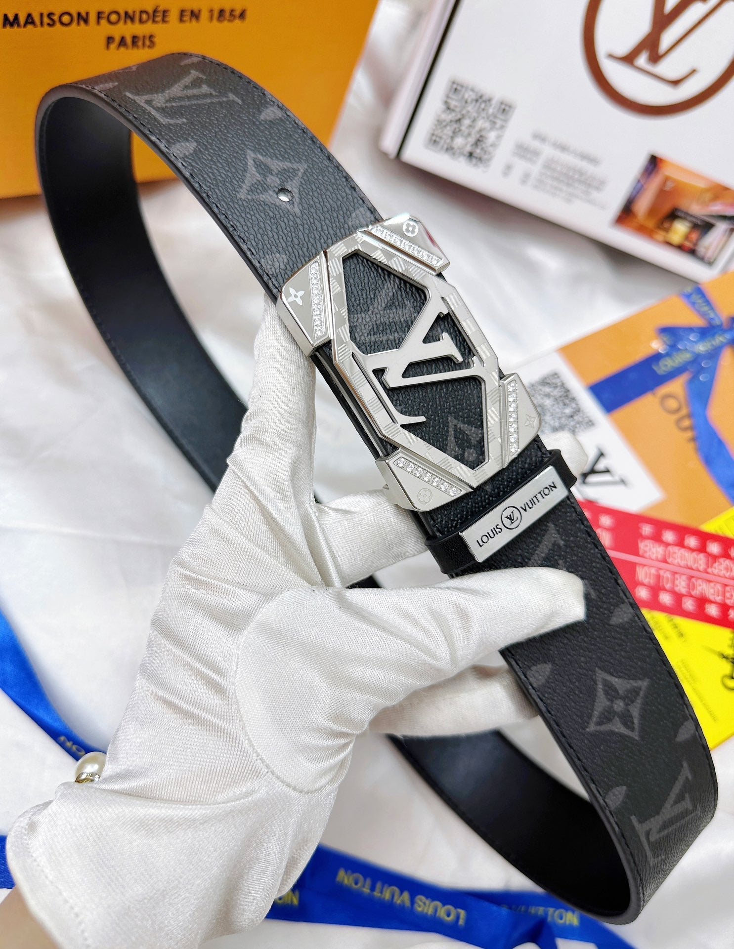 Luxury Monogram Leather Belt with Silver Geometric Buckle