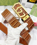 Croc-Embossed Leather Belt – Gold Geometric Buckle | Premium Men's Belt