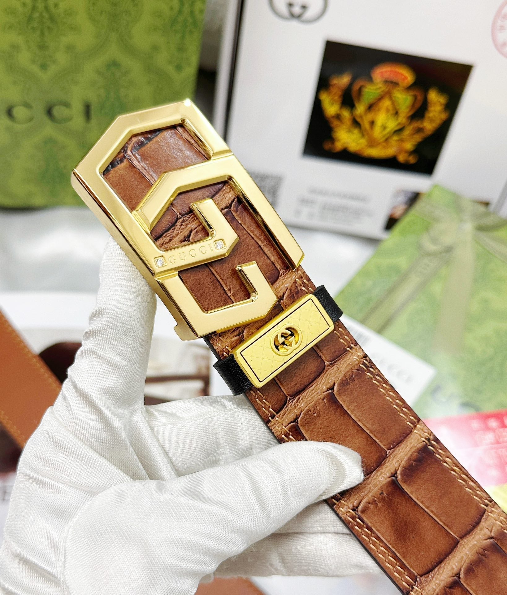 Croc-Embossed Leather Belt – Gold Geometric Buckle | Premium Men's Belt