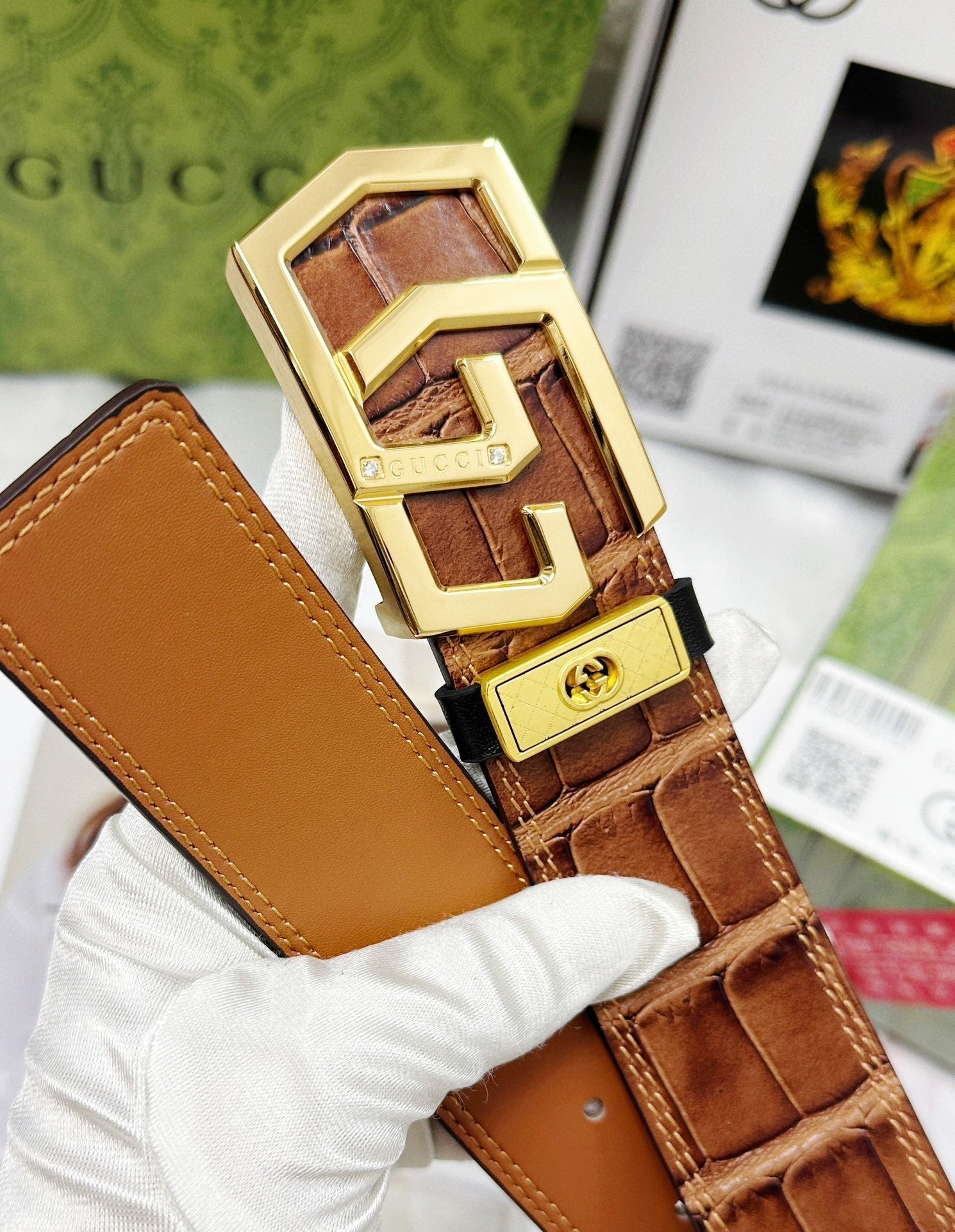 Croc-Embossed Leather Belt – Gold Geometric Buckle | Premium Men's Belt