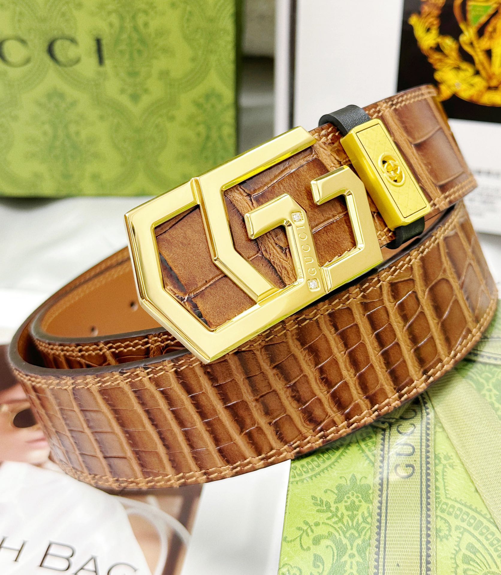 Croc-Embossed Leather Belt – Gold Geometric Buckle | Premium Men's Belt