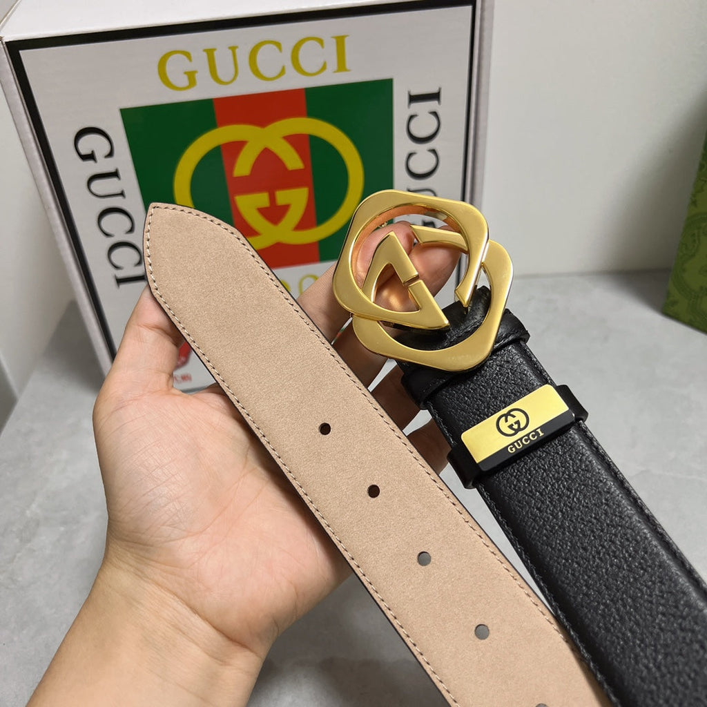 Black Leather Belt with Gold G/G Buckle