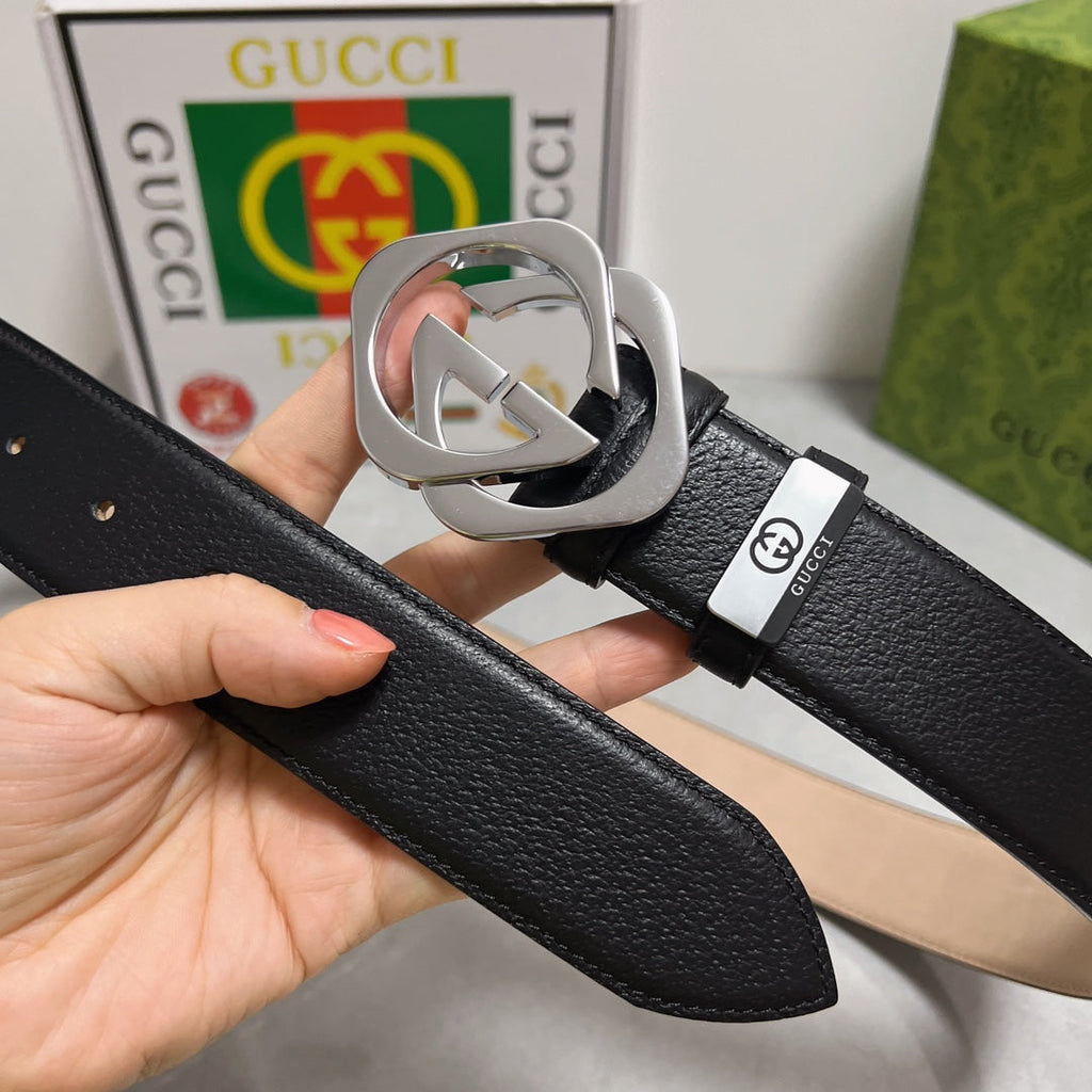 Black Leather Belt with Silver GG Buckle