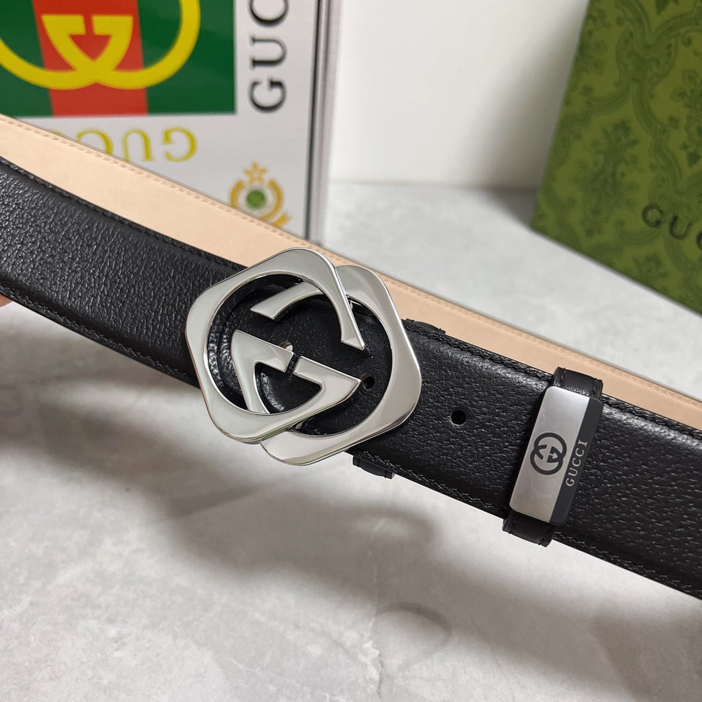 Black Leather Belt with Silver GG Buckle