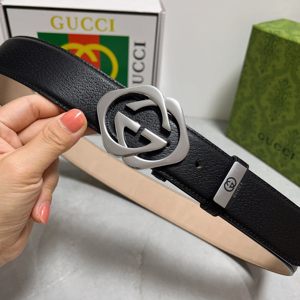 Black Leather Belt with Silver GG Buckle
