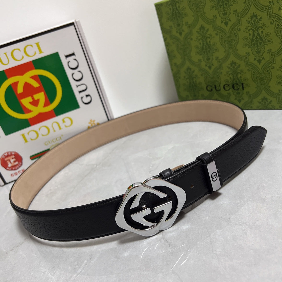 Black Leather Belt with Silver GG Buckle