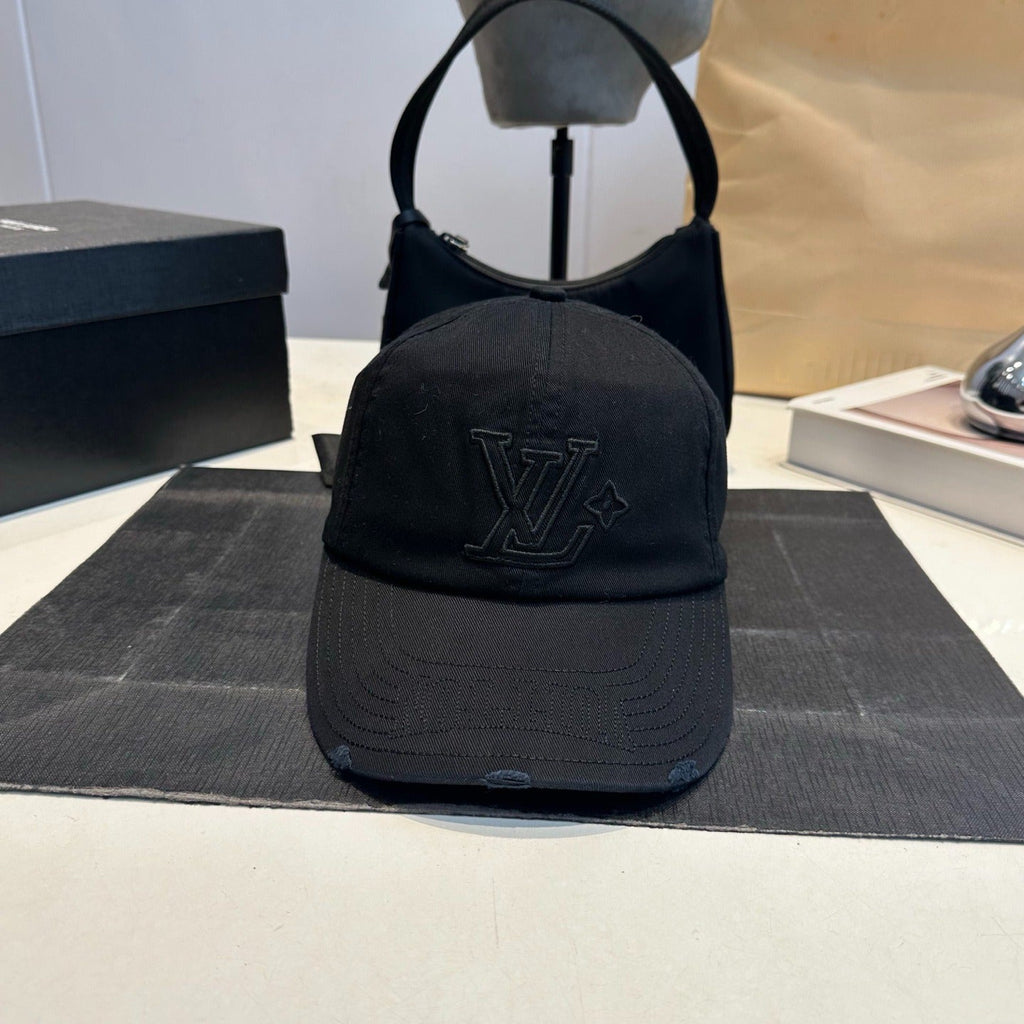 Distressed Cotton Baseball Cap with Tonal Embroidery in Black