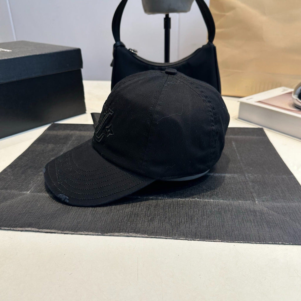 Distressed Cotton Baseball Cap with Tonal Embroidery in Black