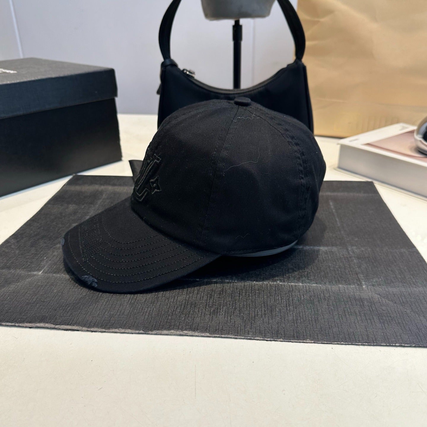Distressed Cotton Baseball Cap with Tonal Embroidery in Black