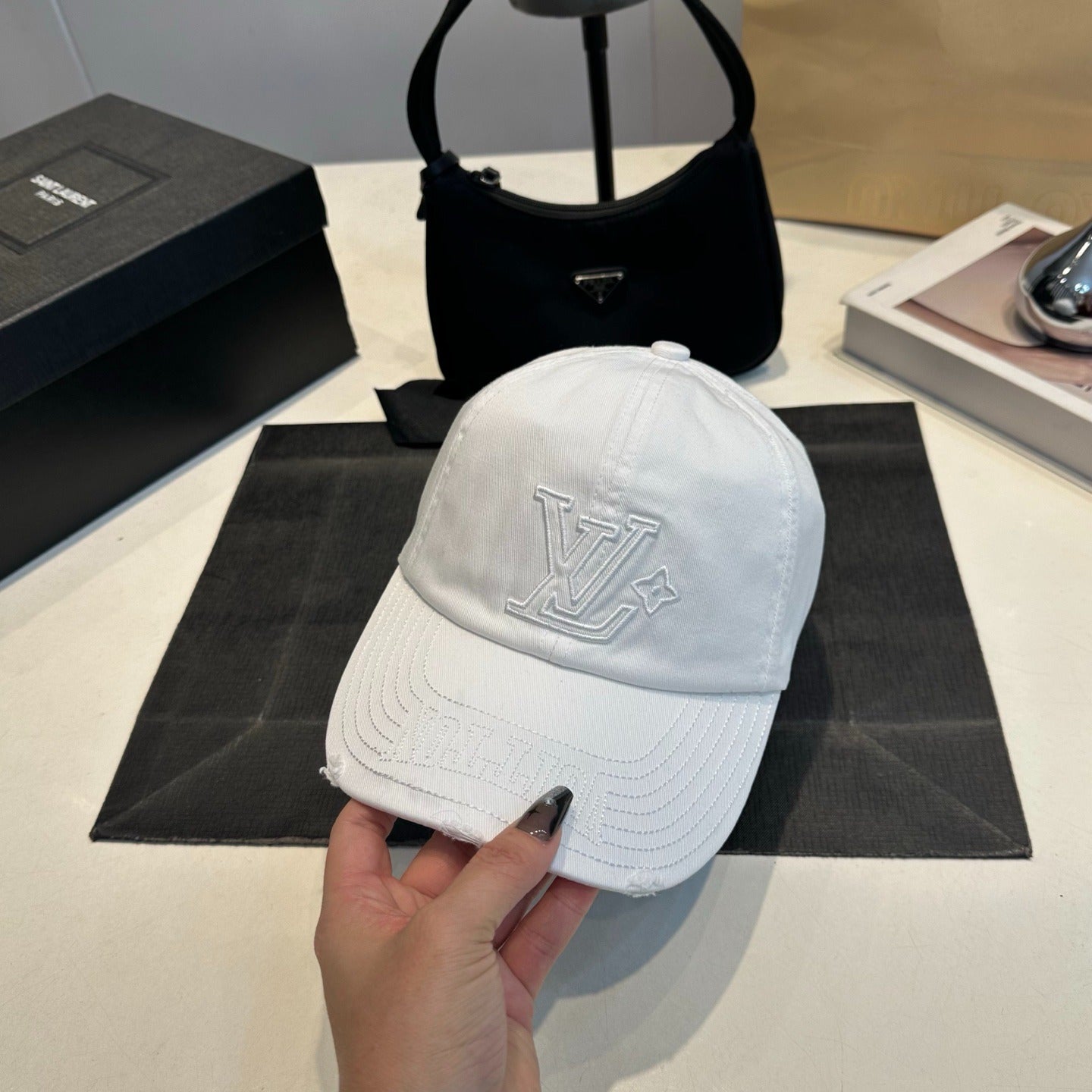 Distressed Cotton Baseball Cap with Tonal Embroidery — White
