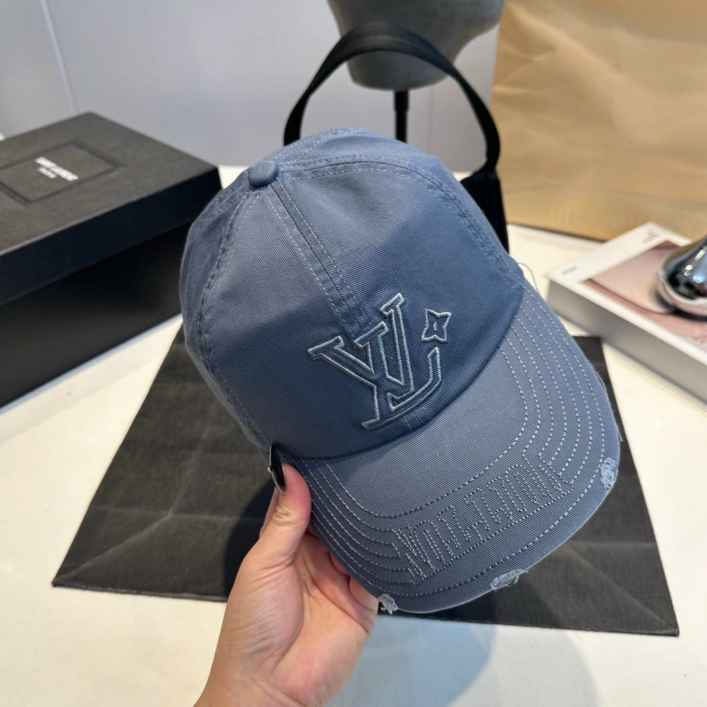 Distressed Denim Baseball Cap with Embroidered Monogram — Washed Blue