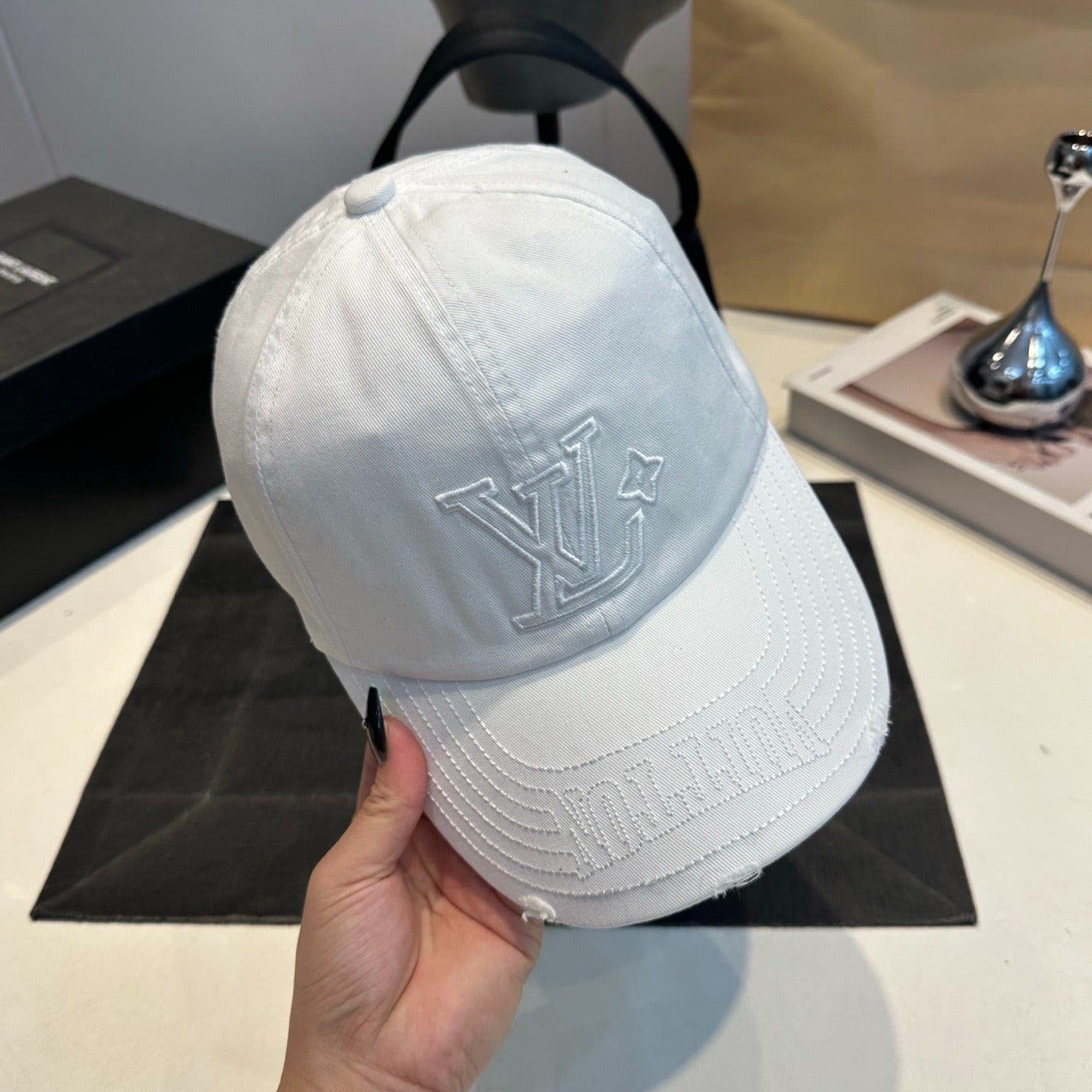 Distressed Cotton Baseball Cap with Tonal Embroidery — White