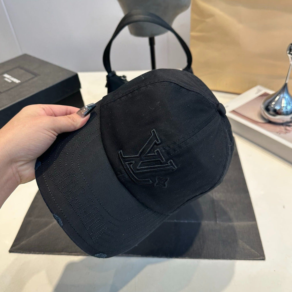 Distressed Cotton Baseball Cap with Tonal Embroidery in Black