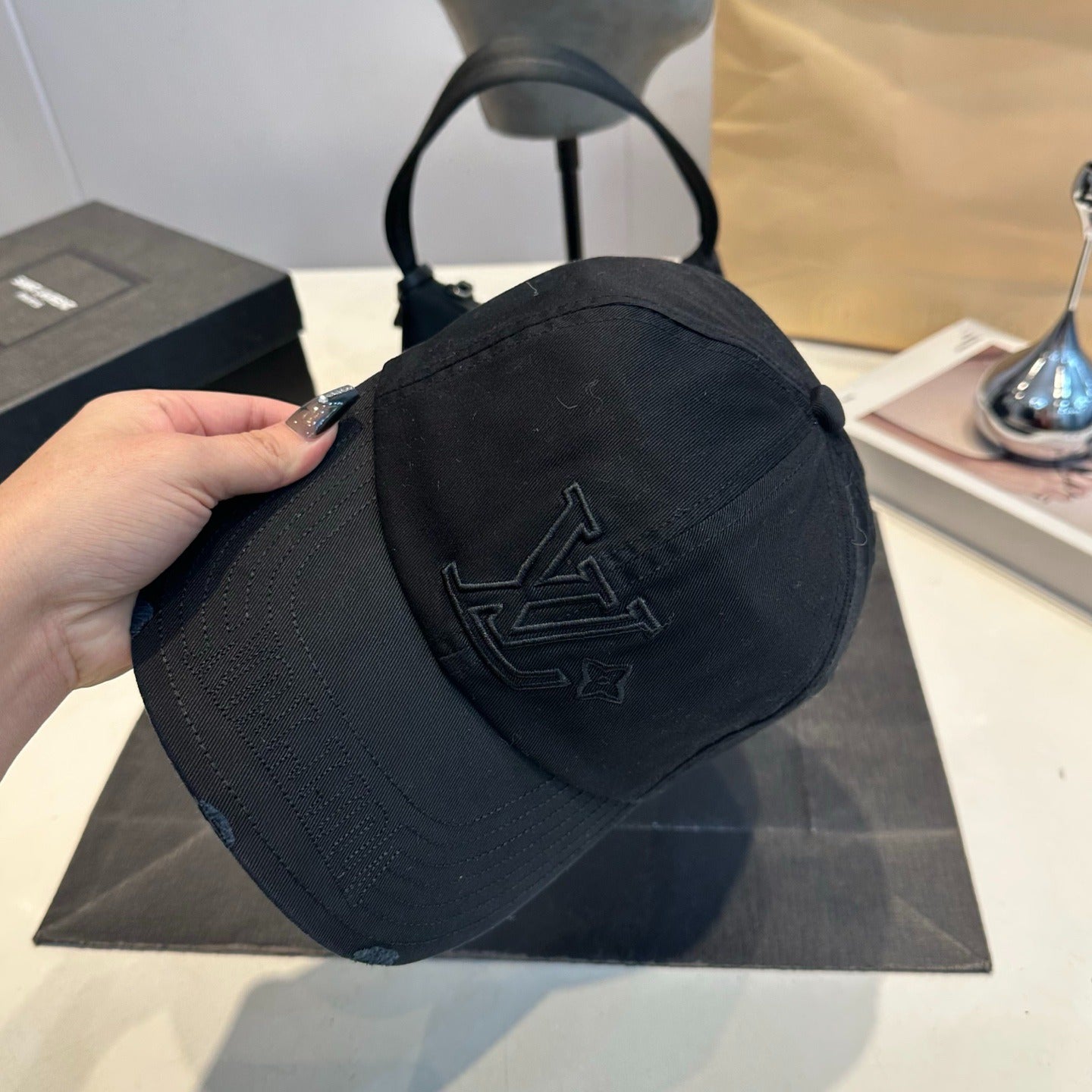 Distressed Cotton Baseball Cap with Tonal Embroidery in Black