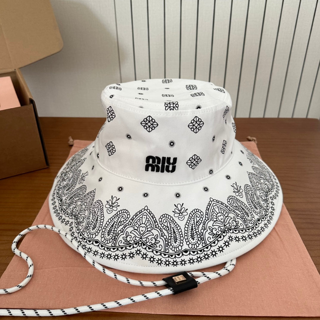 Paisley Print Wide Brim Bucket Hat with Chin Cord