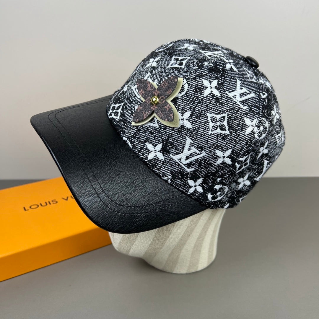 Monogram Print Baseball Cap with Flower Accent