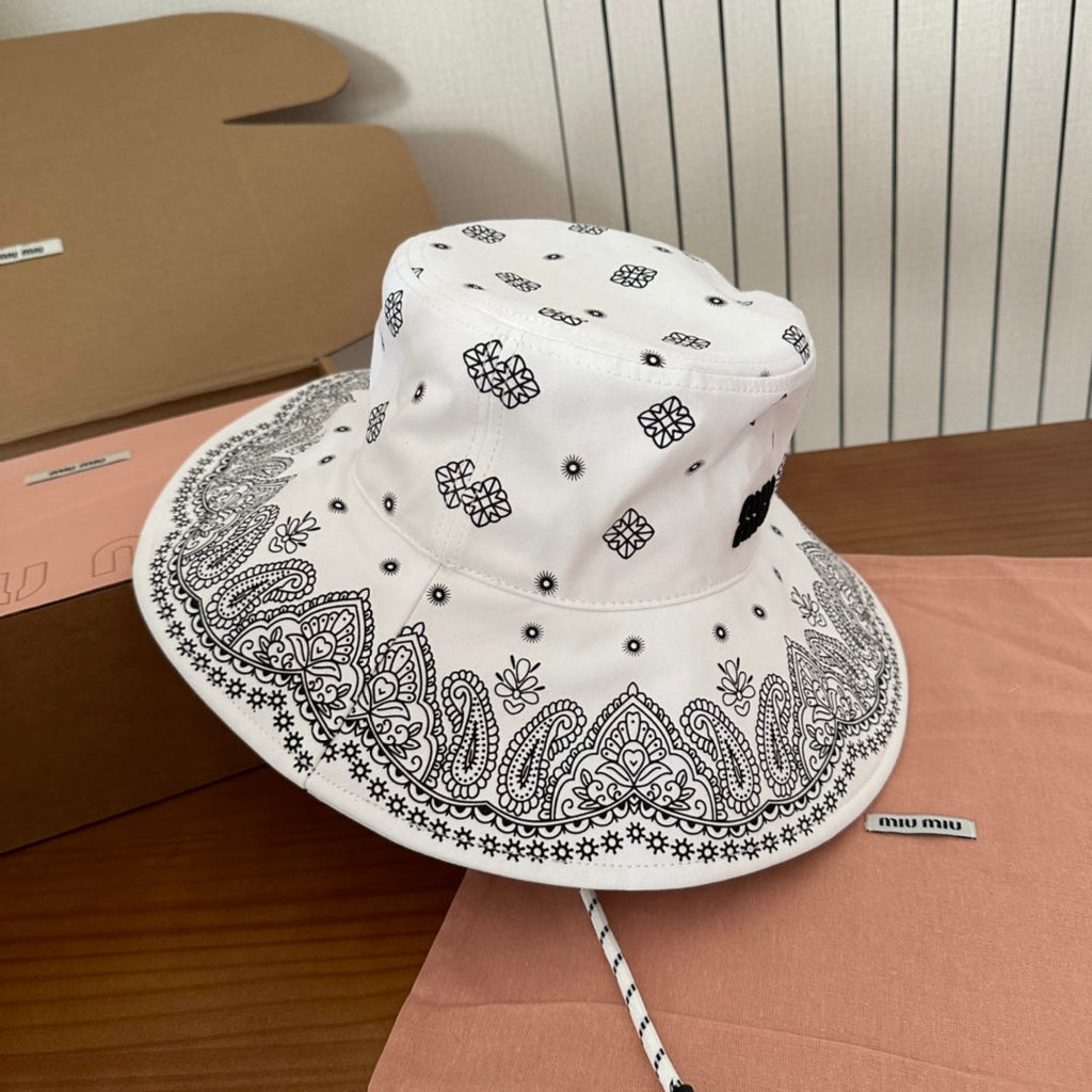 Paisley Print Wide Brim Bucket Hat with Chin Cord