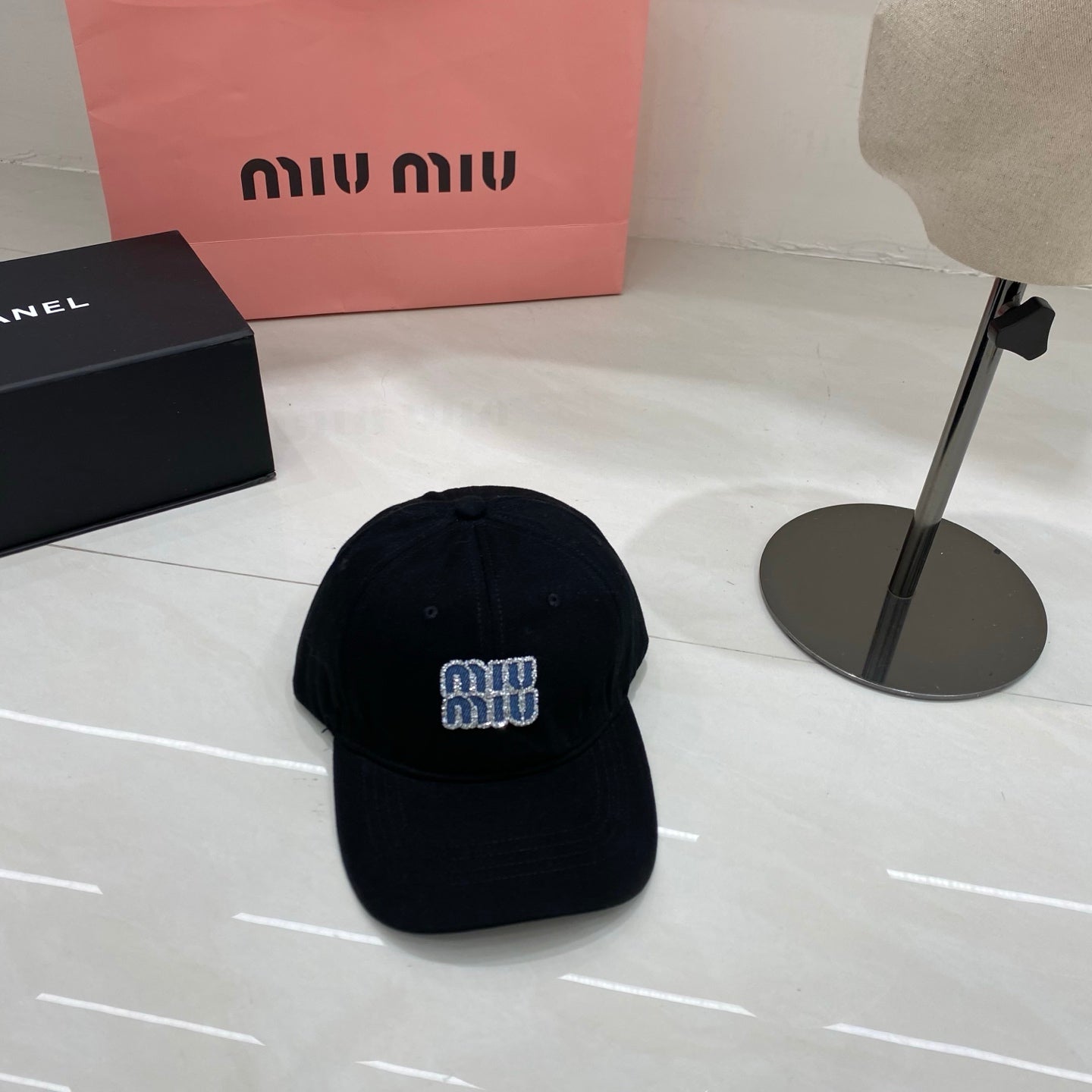 Miu Miu Rhinestone Logo Baseball Cap